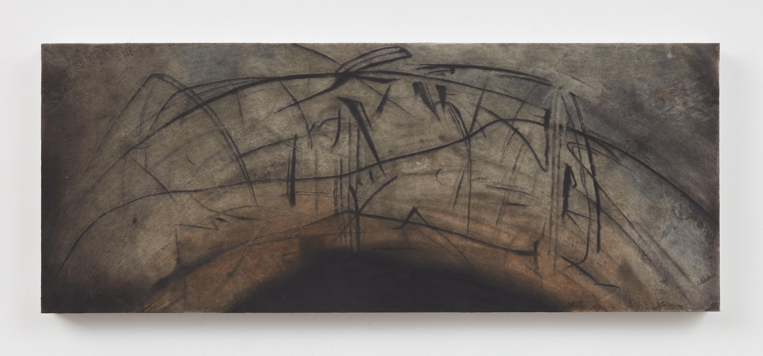 Elise Nguyen Quoc, <i>même quand la guerre ou la chasse hurle autours de toi</i>, 2026. Dry pigment on paper laminated on wood, 17 1/4 x 43 1/4 x 2 in (43.8 x 110 x 5 cm)